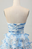 Pink Flower A Line Tiered Strapless Homecoming Dress with Bow