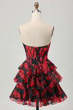 Floral Black Red Corset A-Line Strapless Tiered Homecoming Dress