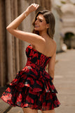 Floral Black Red Corset A-Line Strapless Tiered Homecoming Dress
