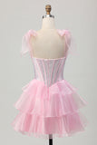 Beaded Corset A-Line Pink Homecoming Dress With Ruffles