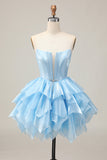 Corset A Line Tiered Strapless Pink Homecoming Dress with Lace Up Back