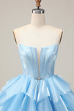 Corset A Line Tiered Strapless Pink Homecoming Dress with Lace Up Back