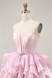 Corset A Line Tiered Strapless Pink Homecoming Dress with Lace Up Back