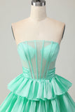 Red Strapless Beaded A Line Tiered Corset Homecoming Dress with Bow