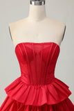 Red Strapless Beaded A Line Tiered Corset Homecoming Dress with Bow