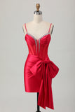 Red Tight Beaded Corset Homecoming Dress With Bow
