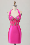 Royal Blue Bodycon Halter Satin Homecoming Dress with Rhinestones