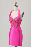 Royal Blue Bodycon Halter Satin Homecoming Dress with Rhinestones