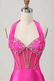 Fuchsia Halter Satin Bodycon Homecoming Dress with Rhinestones