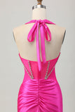 Royal Blue Bodycon Halter Satin Homecoming Dress with Rhinestones