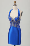 Royal Blue Bodycon Halter Satin Homecoming Dress with Rhinestones