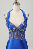 Fuchsia Halter Satin Bodycon Homecoming Dress with Rhinestones