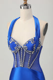 Royal Blue Bodycon Halter Satin Homecoming Dress with Rhinestones