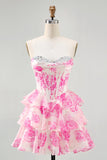 Corset A Line Strapless Tiered White Blue Flower Homecoming Dress with Sequins