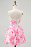 Corset A Line Strapless Tiered White Blue Flower Homecoming Dress with Sequins