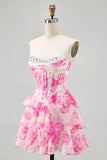 Corset A Line Strapless Tiered White Blue Flower Homecoming Dress with Sequins