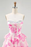 Corset A Line Strapless Tiered White Blue Flower Homecoming Dress with Sequins