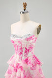 Corset A Line Strapless Tiered White Blue Flower Homecoming Dress with Sequins
