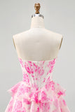 Corset A Line Strapless Tiered White Blue Flower Homecoming Dress with Sequins