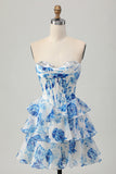 White Blue Flower Corset A-Line Sweetheart Homecoming Dress With Ruffles