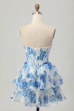 Corset A Line Strapless Tiered White Blue Flower Homecoming Dress with Sequins