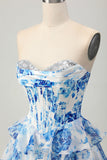 Printed Pink Flower Strapless Corset Homecoming Dress with Sequins