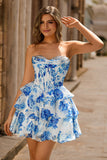 White Blue Flower Corset A-Line Sweetheart Homecoming Dress With Ruffles