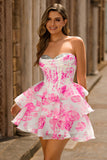 White Blue Flower Corset A-Line Sweetheart Homecoming Dress With Ruffles