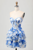 White Blue Floral A-Line Ruffled Strapless Homecoming Dress with Bow