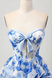 White Blue Floral A-Line Ruffled Strapless Homecoming Dress with Bow