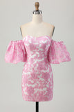 Strapless Pink Floral Bodycon Homecomig Dress With Removable Sleeves