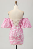 Strapless Pink Floral Bodycon Homecomig Dress With Removable Sleeves