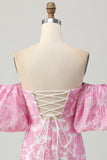 Floral Pink Off the Shoulder Homecoming Dress with Detachable Sleeves
