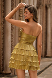 Metallic Golden Cut Out Pleated Tiered Strapless Homecoming Dress