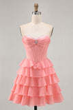 Purple Corset Tiered Ruffle Strapless A-Line Homecoming Dress