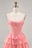 Purple Corset Tiered Ruffle Strapless A-Line Homecoming Dress