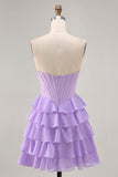 Purple Corset Tiered Ruffle Strapless A-Line Homecoming Dress