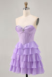 Purple Corset Tiered Ruffle Strapless A-Line Homecoming Dress