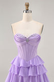 Purple Corset Tiered Ruffle Strapless A-Line Homecoming Dress
