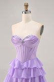 Purple Corset Tiered Ruffle Strapless A-Line Homecoming Dress