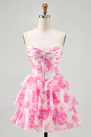 Fuchsia A-Line Strapless Corset Tiered Floral Short Homecoming Dress