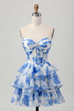 Floral Fuchsia Corset Strapless A-Line Homecoming Dress With Ruffles