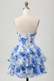 Floral Fuchsia Corset Strapless A-Line Homecoming Dress With Ruffles