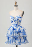 Fuchsia A-Line Strapless Corset Tiered Floral Short Homecoming Dress