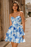 Floral Fuchsia Corset Strapless A-Line Homecoming Dress With Ruffles