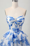 Fuchsia A-Line Strapless Corset Tiered Floral Short Homecoming Dress
