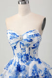Fuchsia A-Line Strapless Corset Tiered Floral Short Homecoming Dress