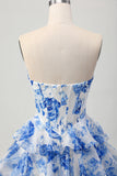 Fuchsia A-Line Strapless Corset Tiered Floral Short Homecoming Dress