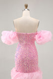 Pink Sequin Bodycon Homecoming Dress With Detachable Sleeves