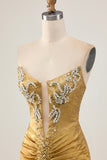 Strapless Golden Bodycon Homecoming Dress With Appliques